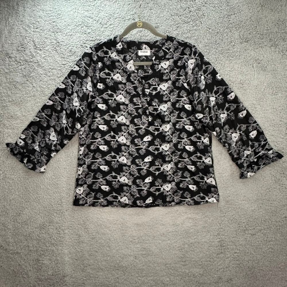 Kindred Women's Large Black White Embroidered Floral 100% Cotton Blouse Feminine